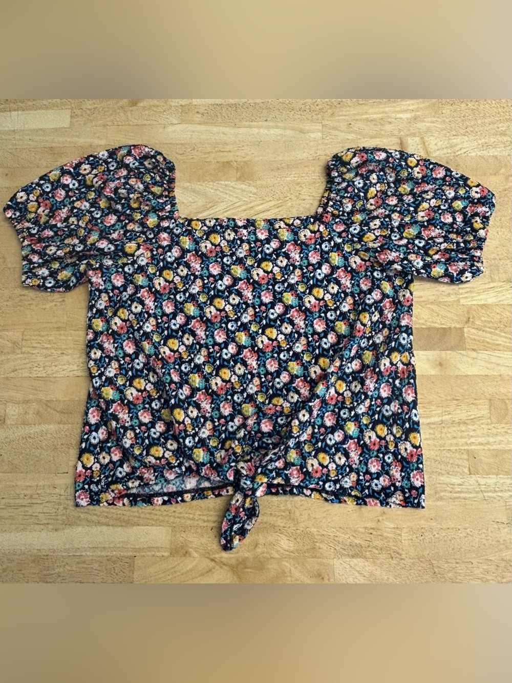 LOFT Navy Floral Square-Neck Tie-Front Crop Top